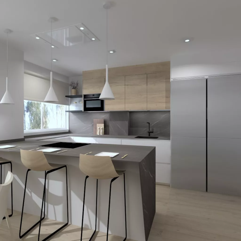 Cocina Santos blanca y madera con península