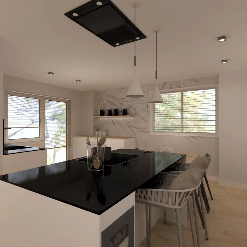 Cocina Santos blanca con isla y barra