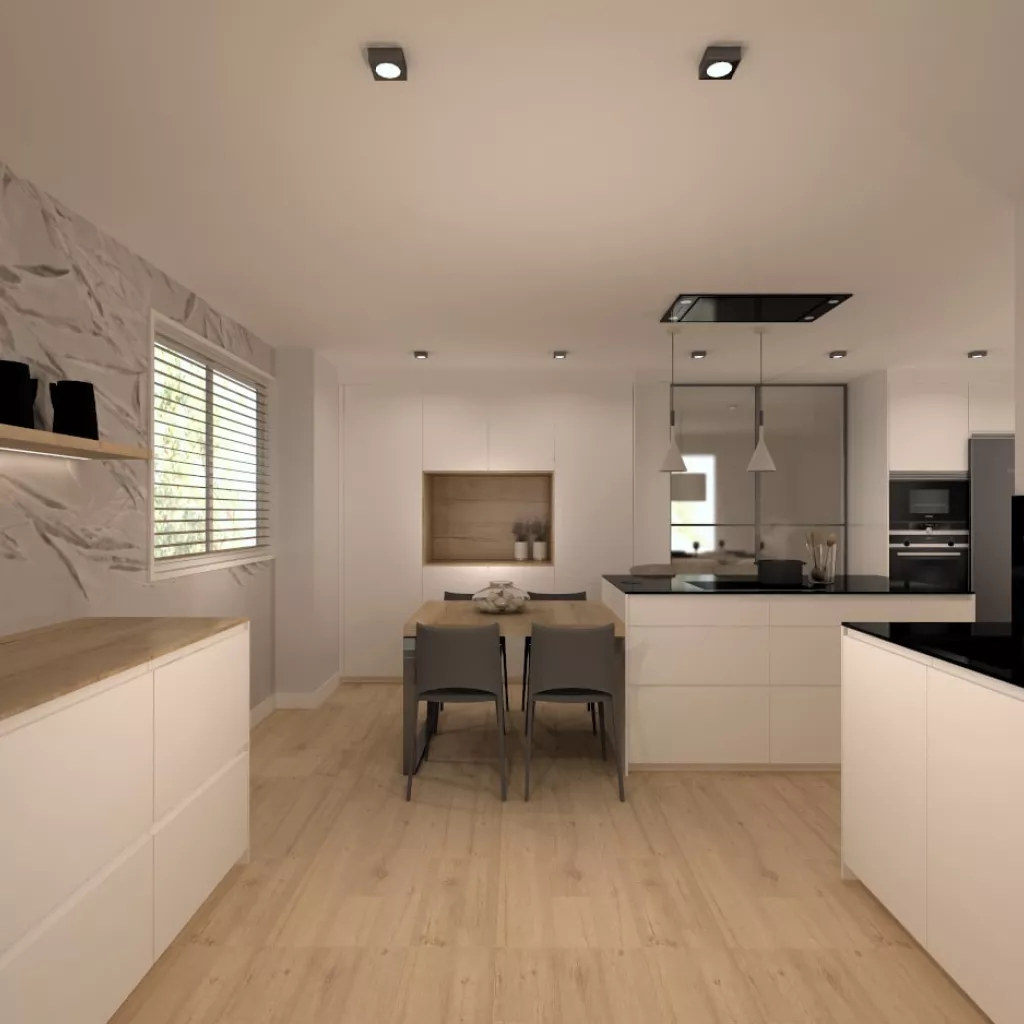 Cocina Santos blanca con isla y barra