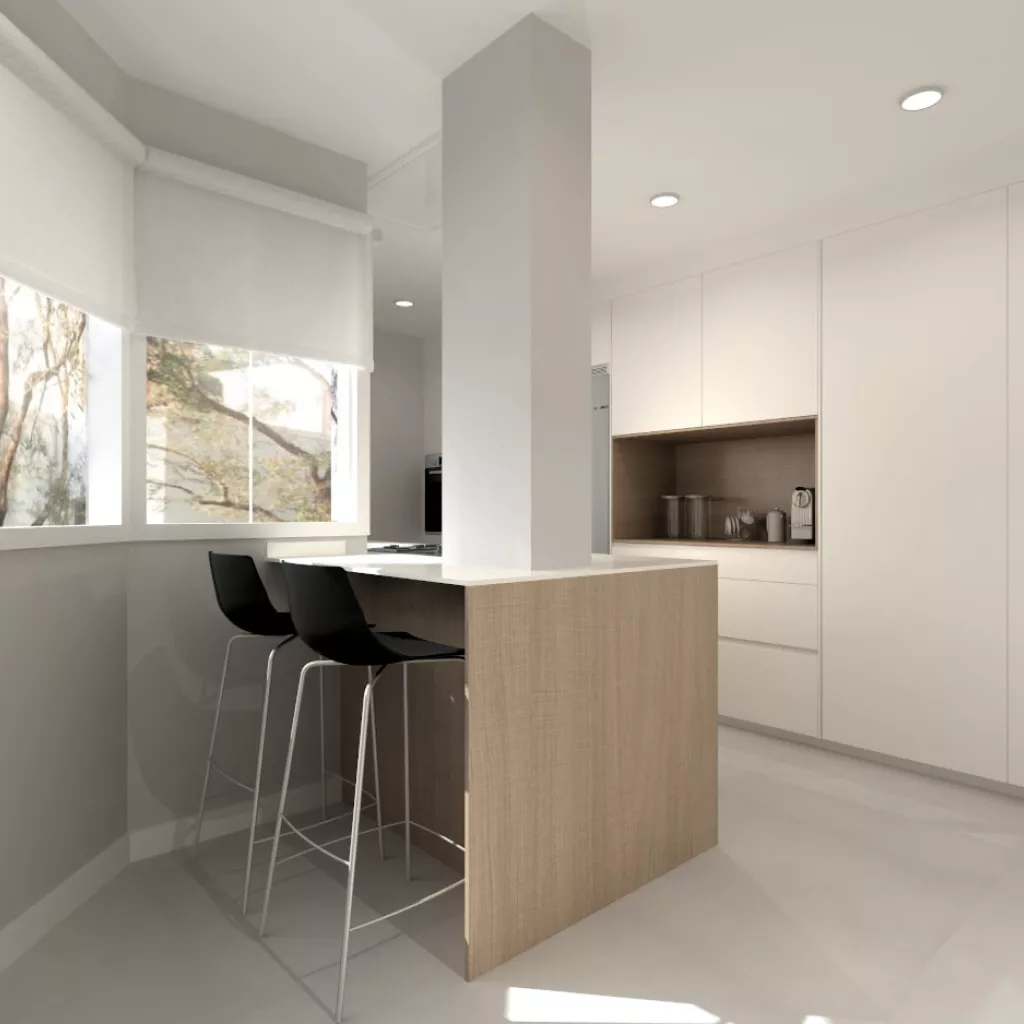Cocina Santos blanca y roble en paralelo con office