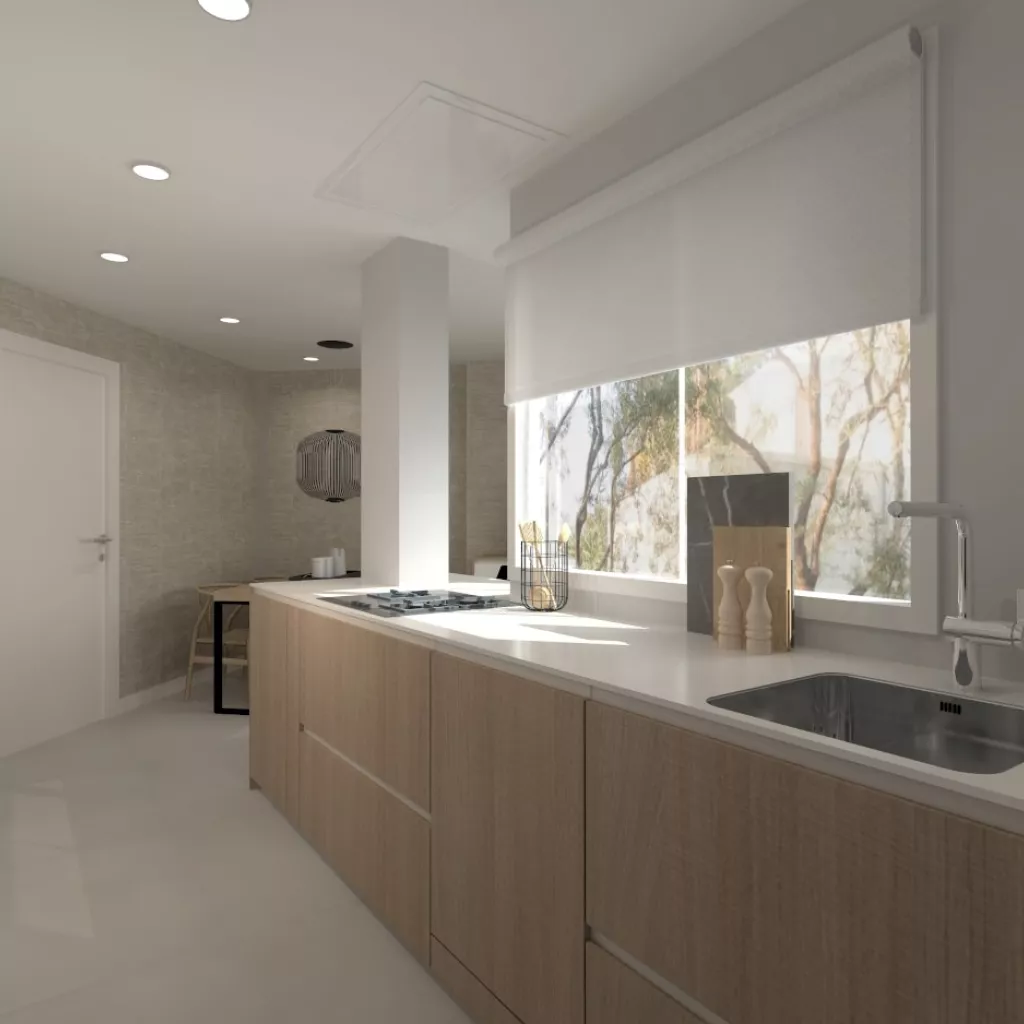 Cocina Santos blanca y roble en paralelo