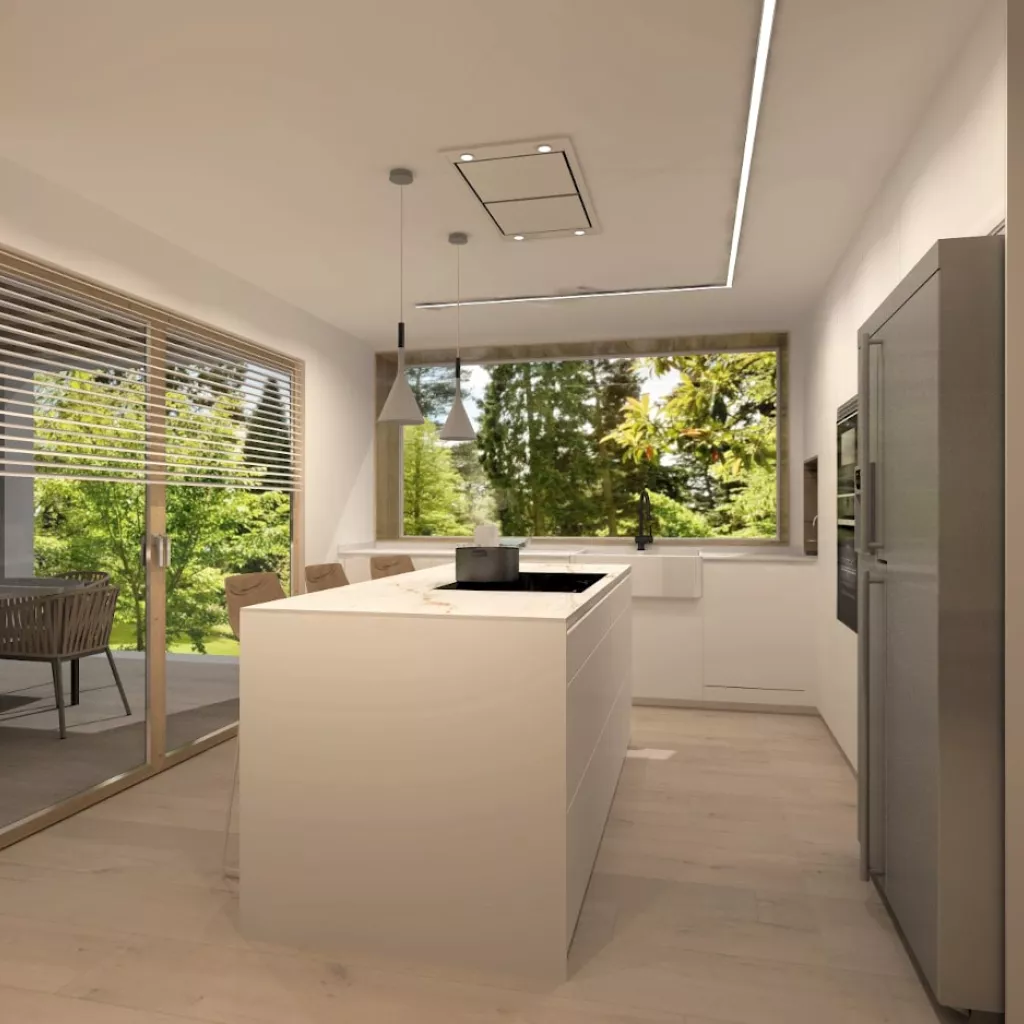 Cocina Santos blanca abierta al salón con encimera de Neolith