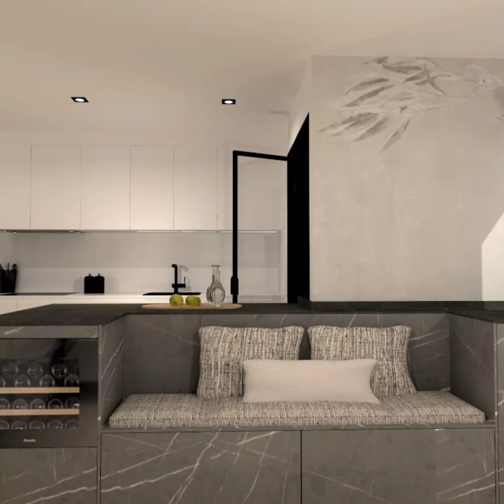 Cocina Santos blanco y mármol gris