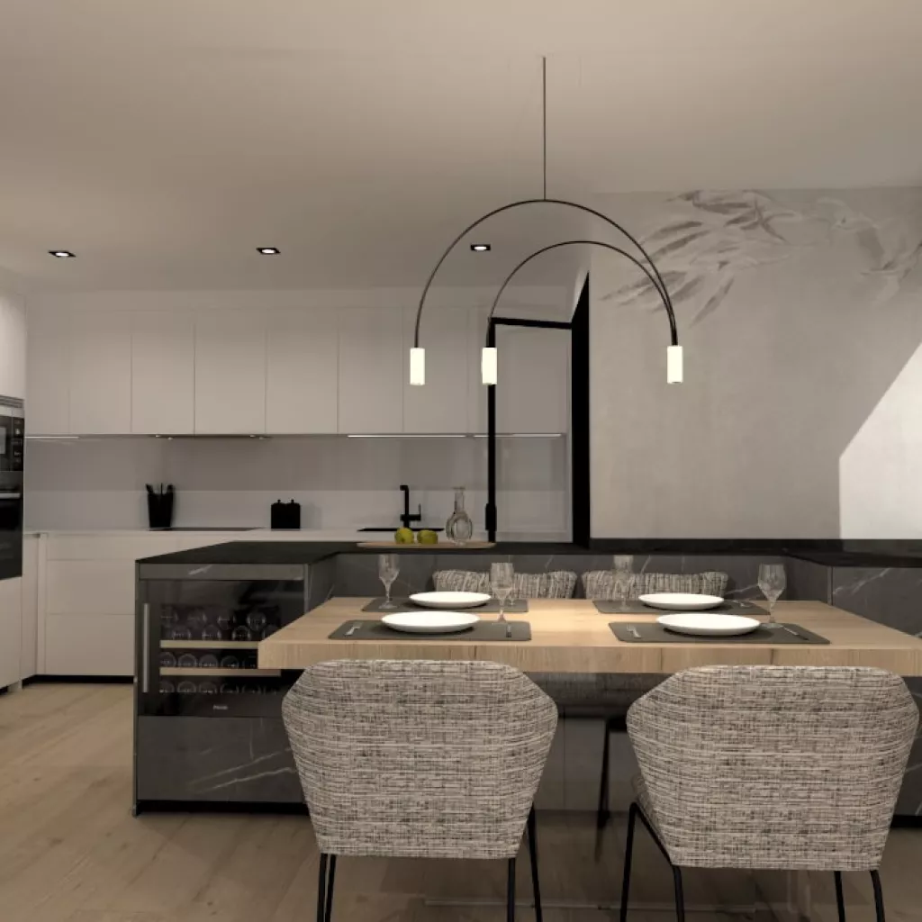 Cocina Santos blanco y mármol gris