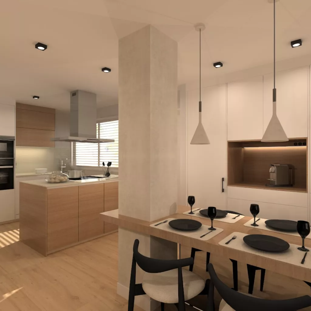 Cocina Santos blanca y roble abierta al salón