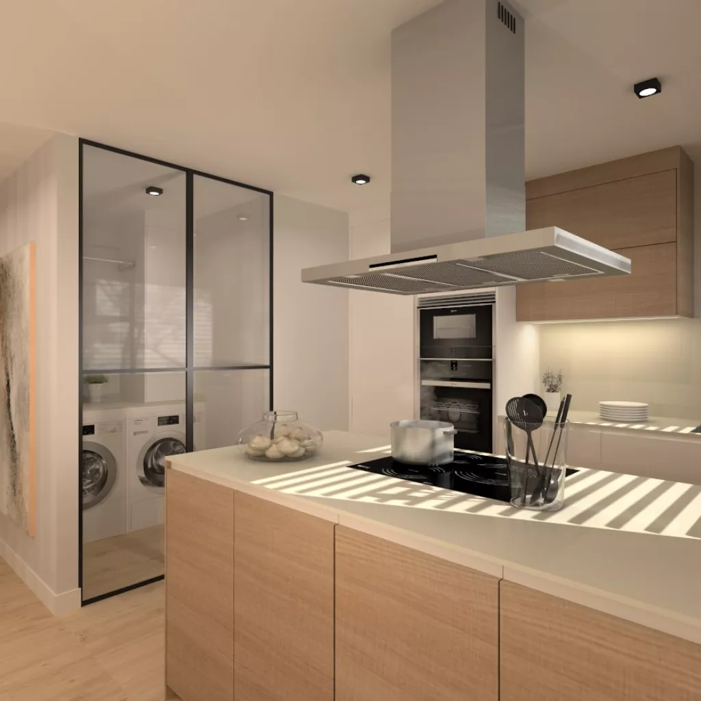 Cocina Santos blanca y roble con isla