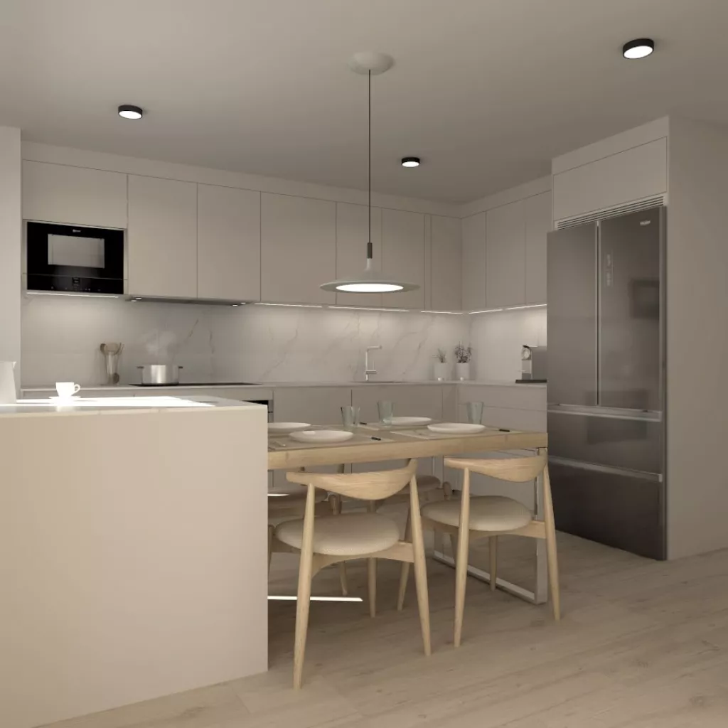 Cocina Santos cashmere con península y encimera de Dekton