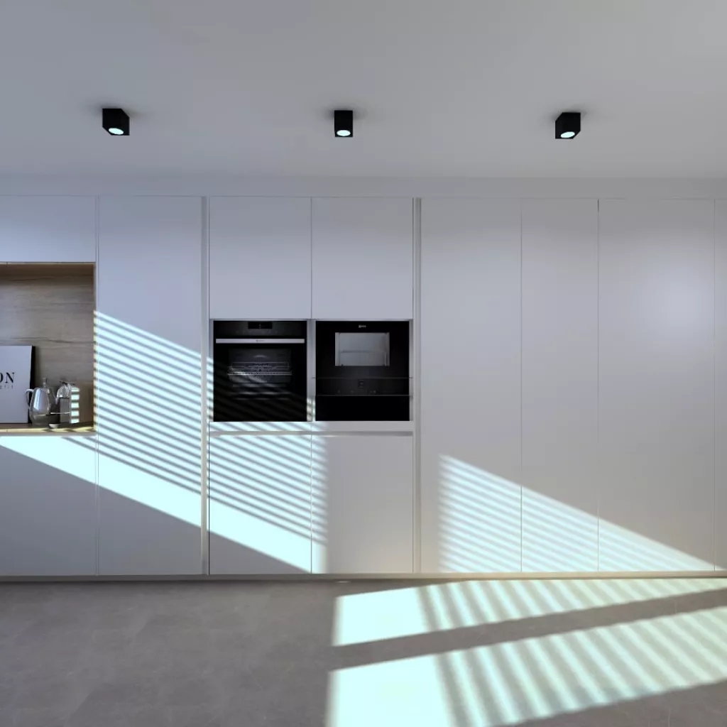 Cocina Santos cashmere y olmo claro, frente columnas y desayunador