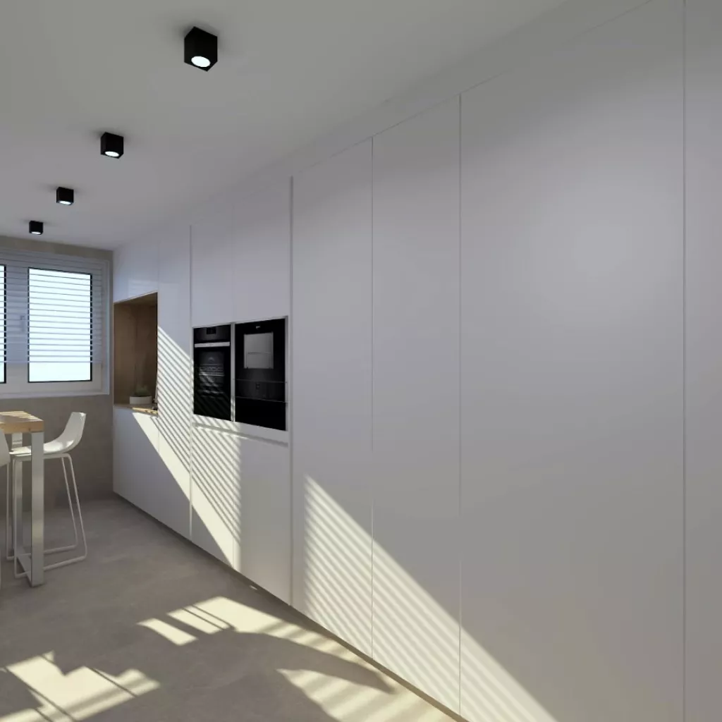 Cocina Santos cashmere y olmo claro, frente columnas