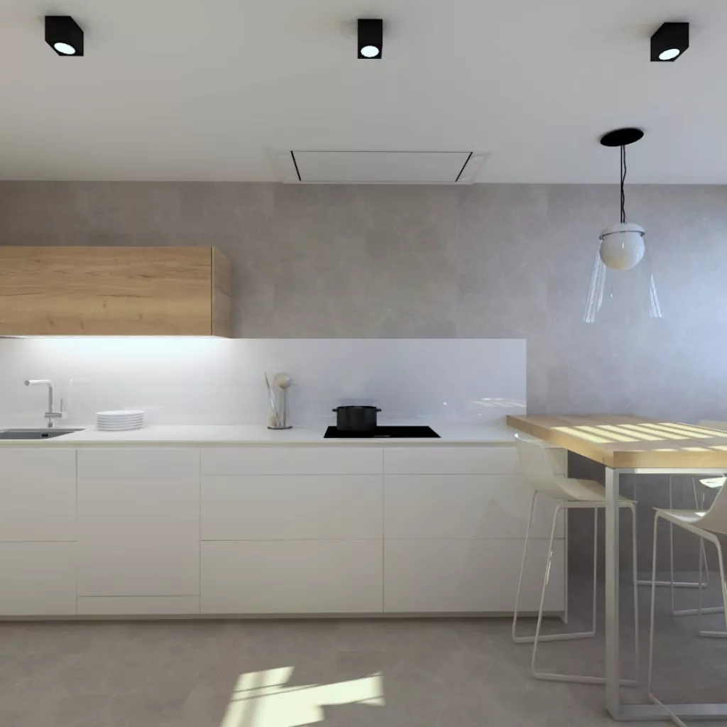 Cocina Santos cashmere y olmo claro, frente muebles altos y bajos con barra