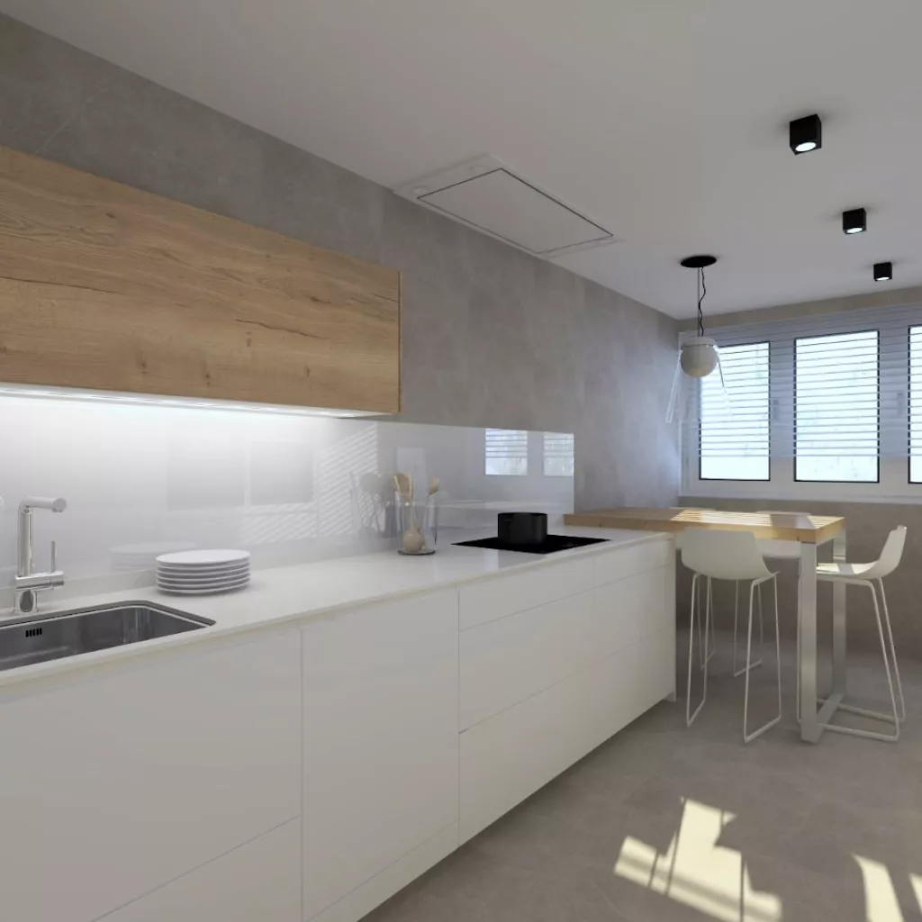 Cocina Santos cashmere y olmo claro, frente muebles altos y bajos