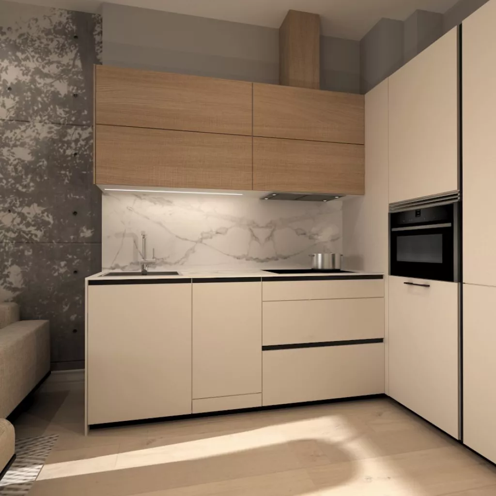 Cocina Santos cashmere y roble abierta al salón