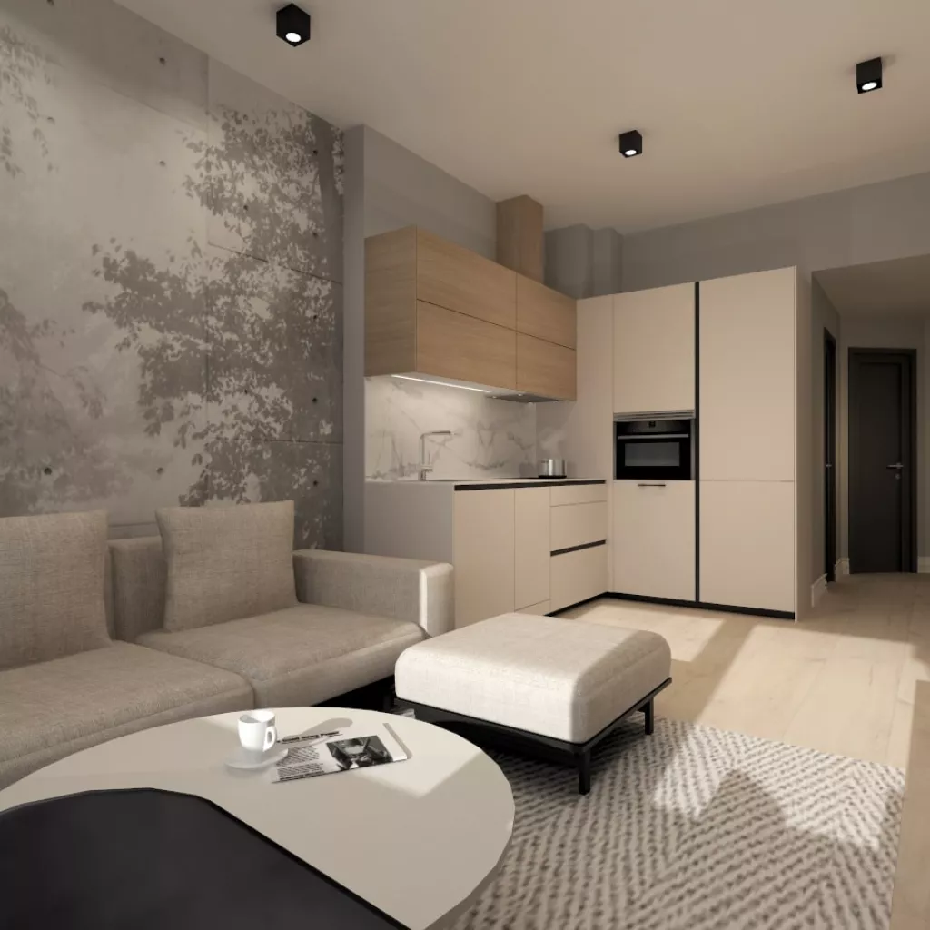 Cocina Santos cashmere y roble en forma de L abierta al salón