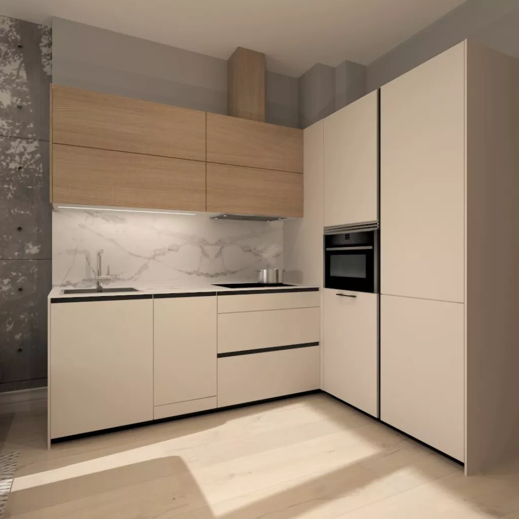 Cocina Santos cashmere y roble en forma de L