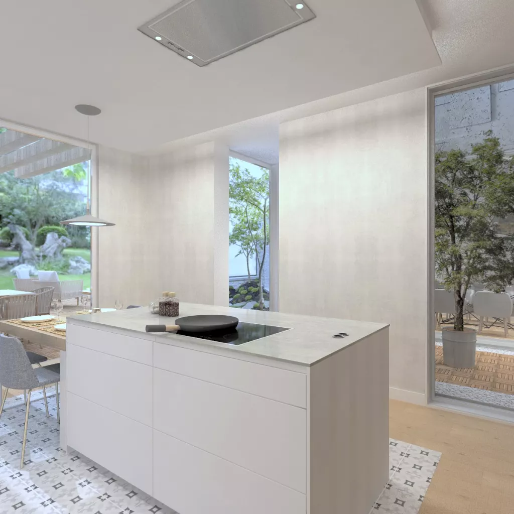 Cocina Santos con Isla en Blanco y Roble