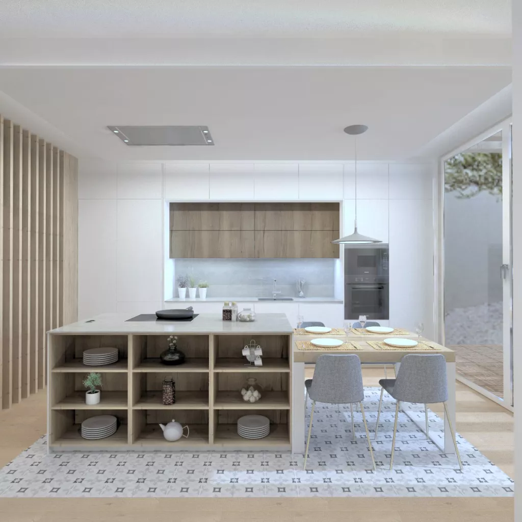 Cocina Santos con Isla en Blanco y Roble