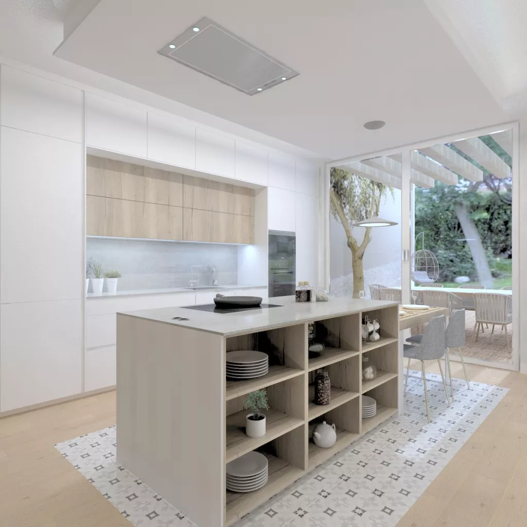 Cocina Santos con Isla en Blanco y Roble