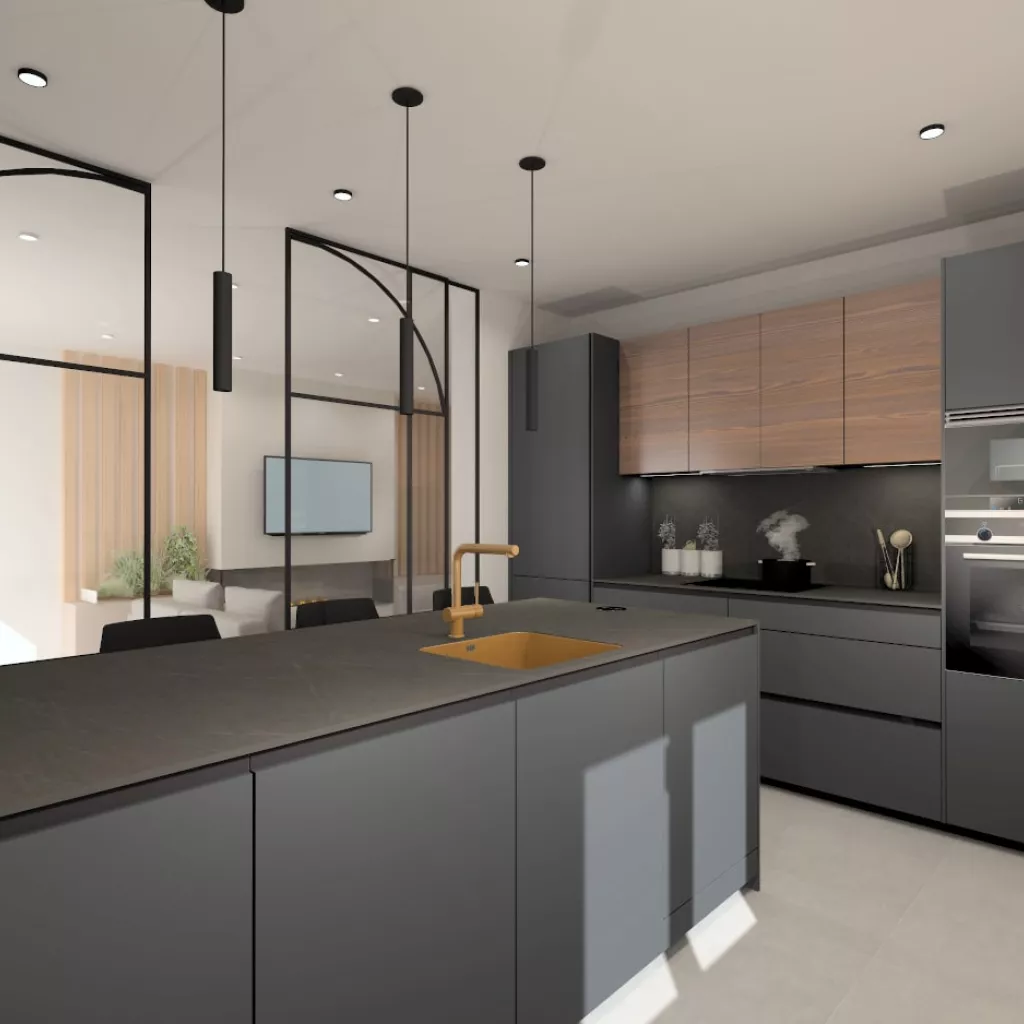 Cocina Santos con isla gris y nogal