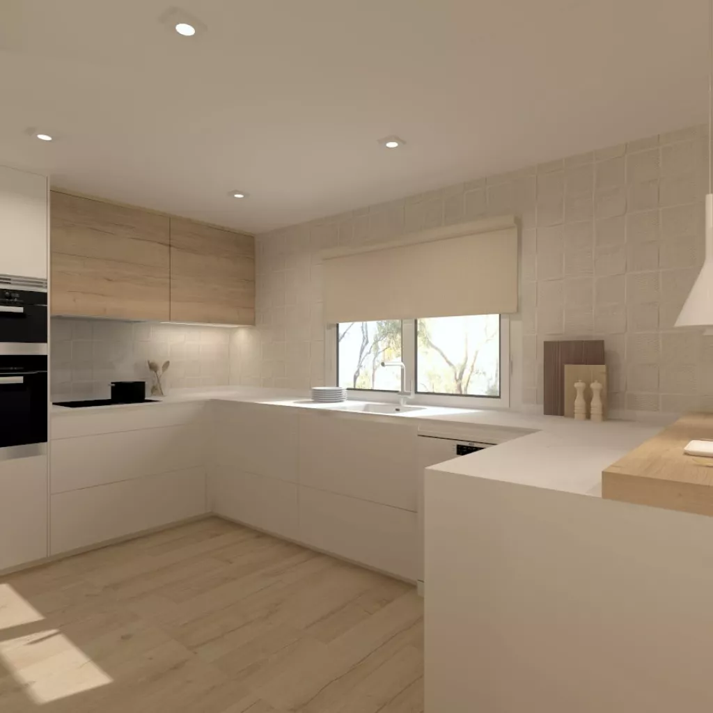 Cocina Santos en U blanca y roble abierta