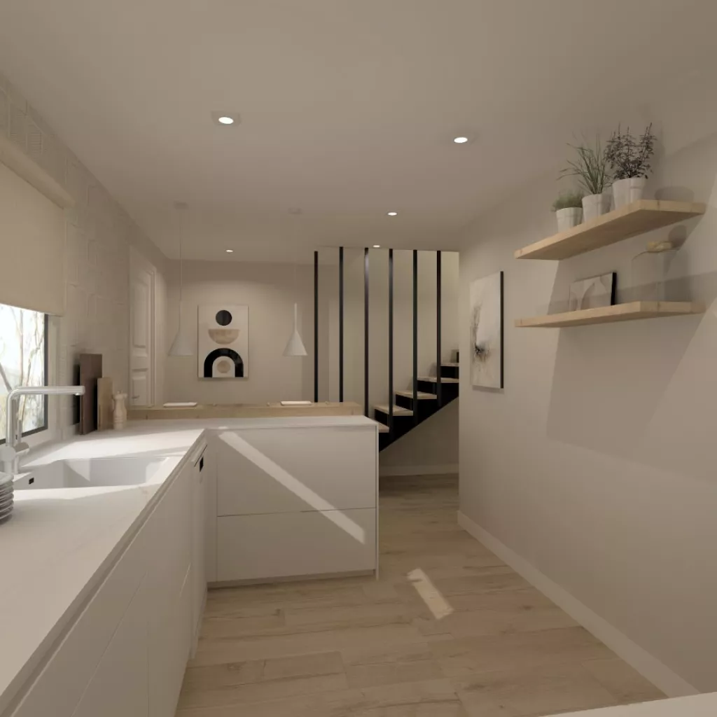 Cocina Santos en U blanca y roble