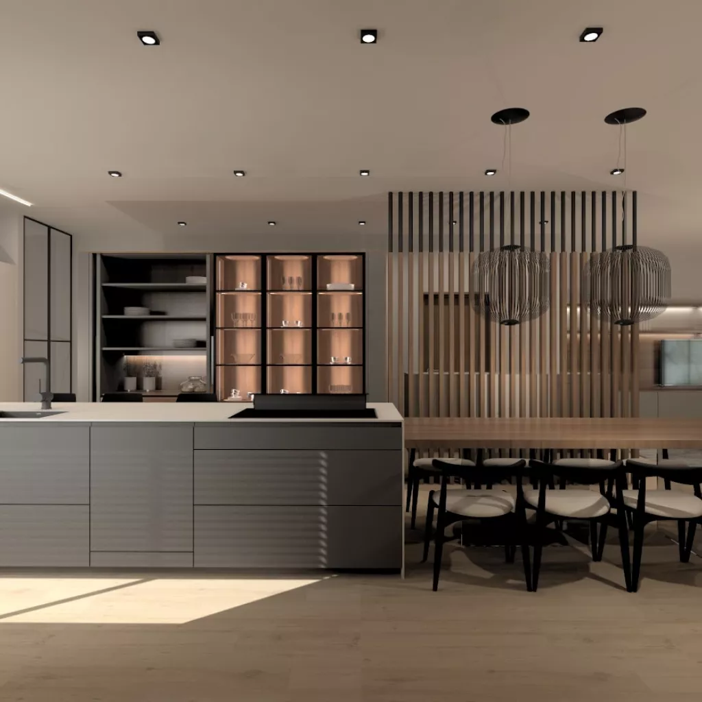 Cocina Santos gris, blanco y nogal abierta al salón con encimera Inalco