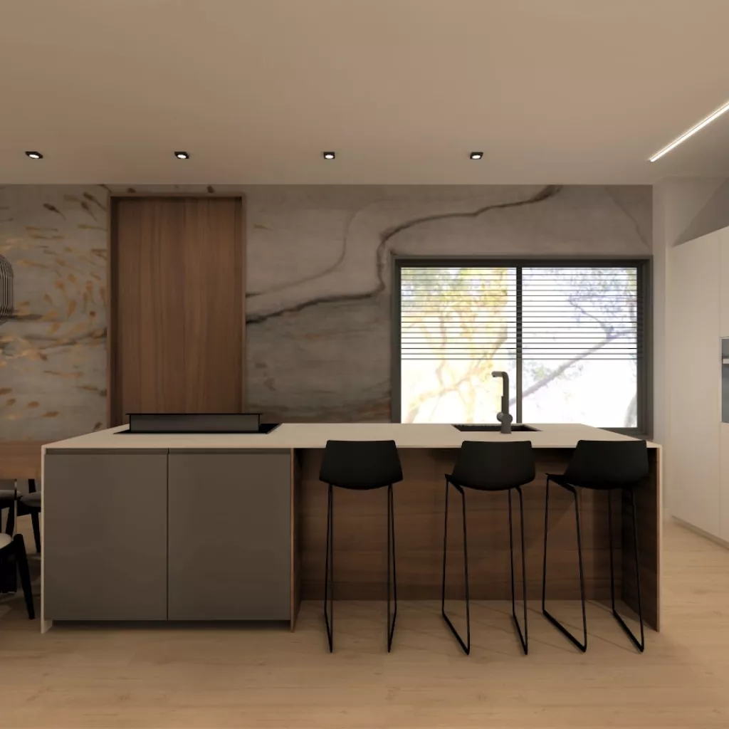 Cocina Santos gris, blanco y nogal abierta al salón con encimera Inalco