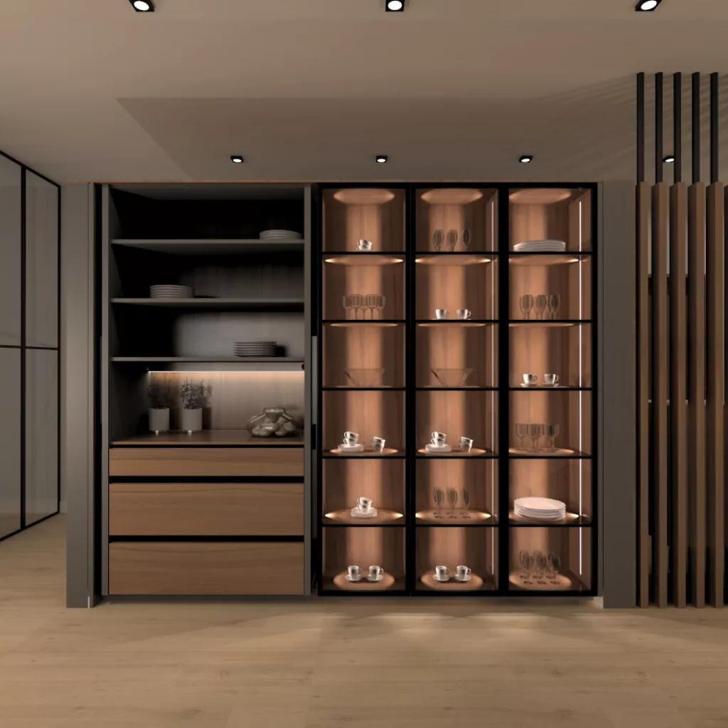 Cocina Santos gris, blanco y nogal vitrinas