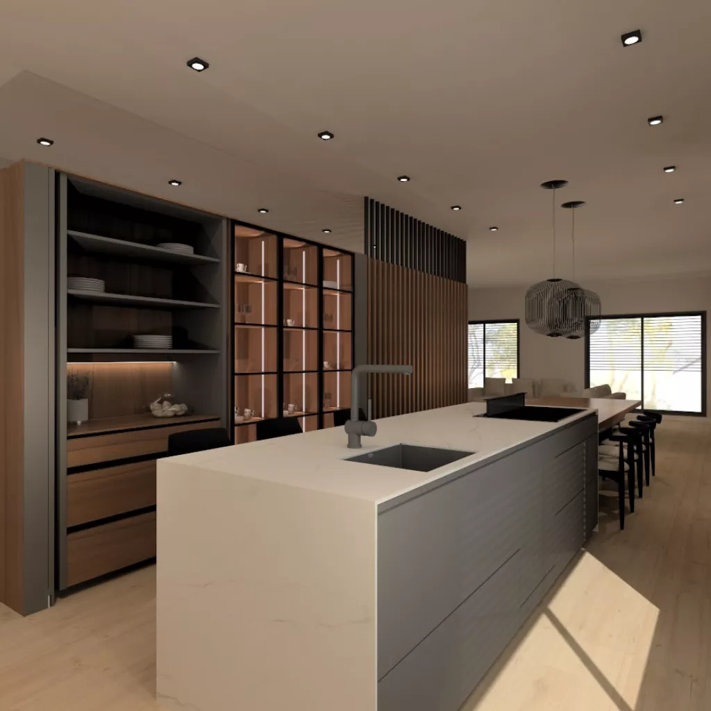 Cocina Santos gris, blanco y nogal abierta al salón con encimera Inalco