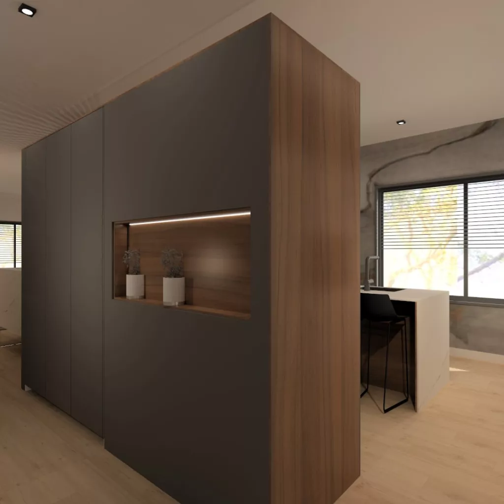 Cocina Santos gris, blanco y nogal abierta al salón con encimera Inalco