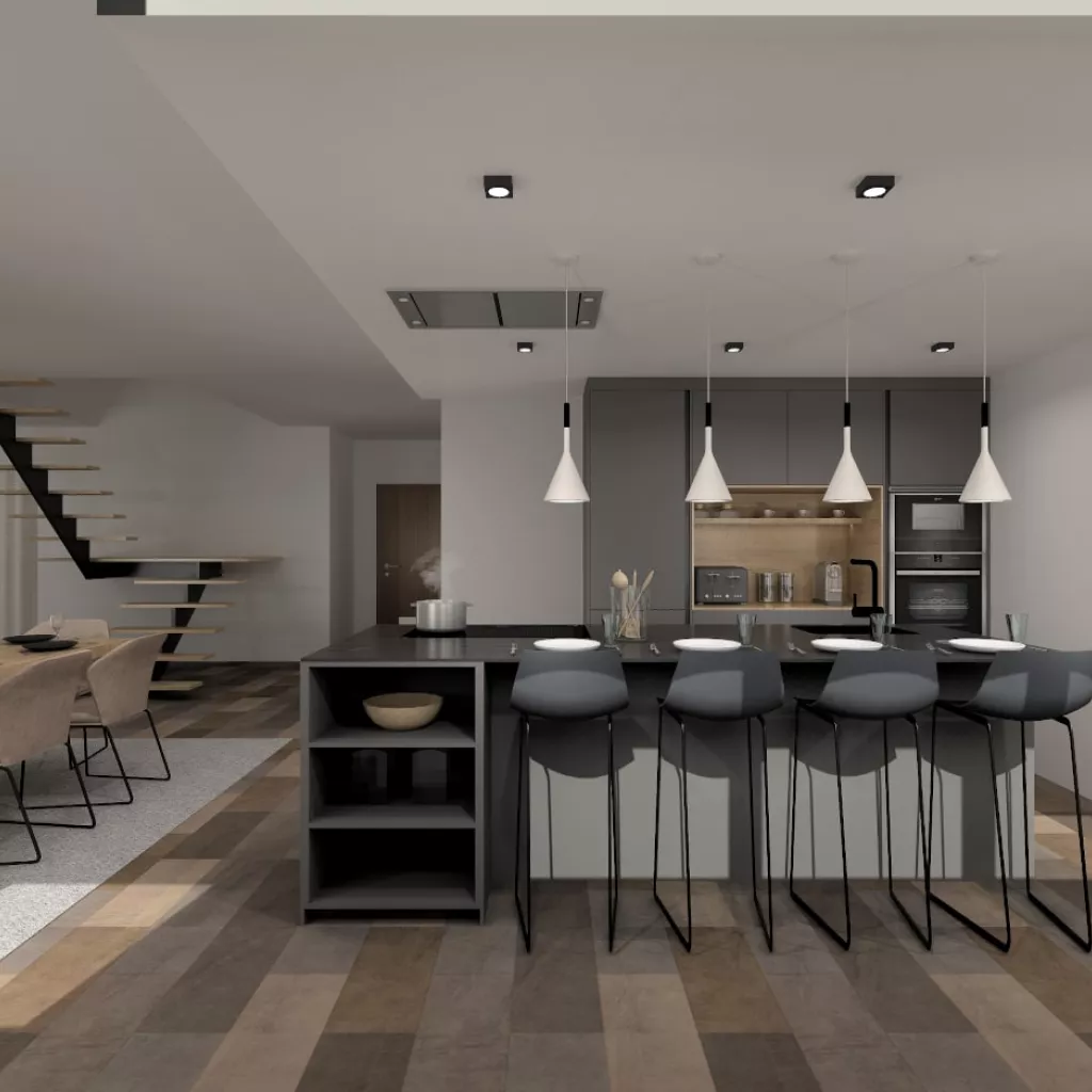 Cocina Santos gris con isla abierta al salón