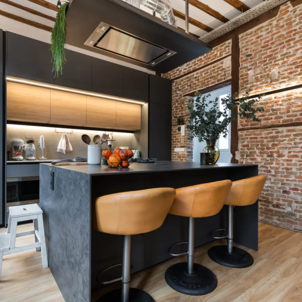 Cocina Santos gris con isla y barra