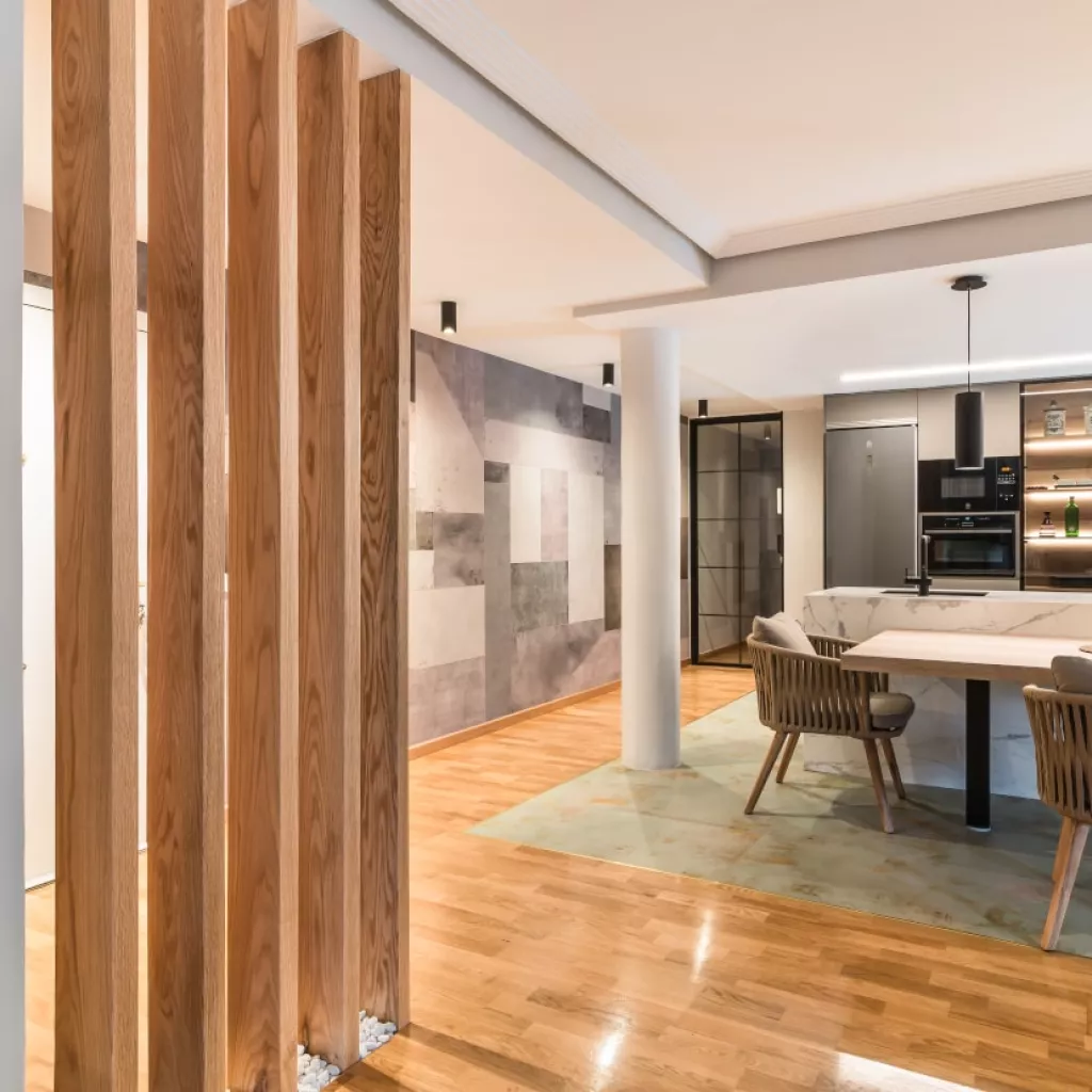 Cocina Santos gris con isla y mesa