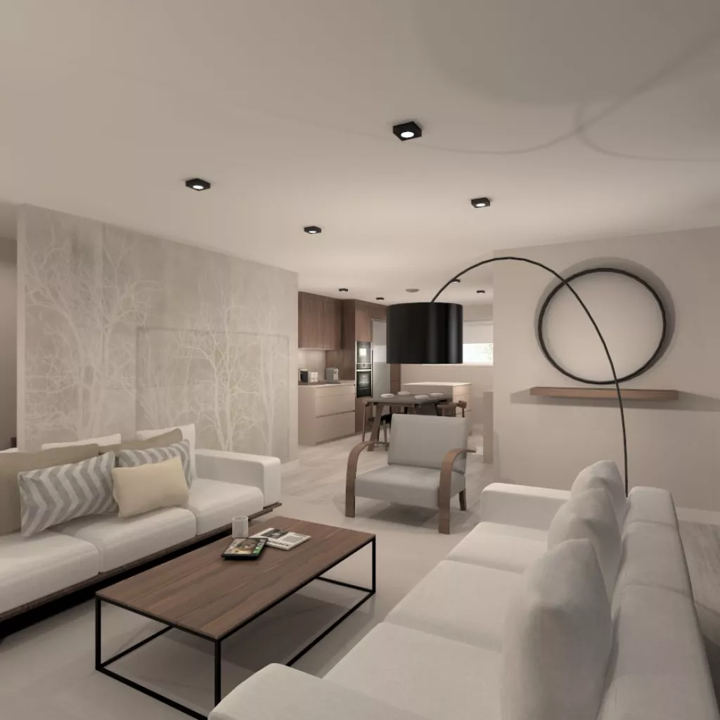 Cocina Santos gris y madera con isla abierto al salón