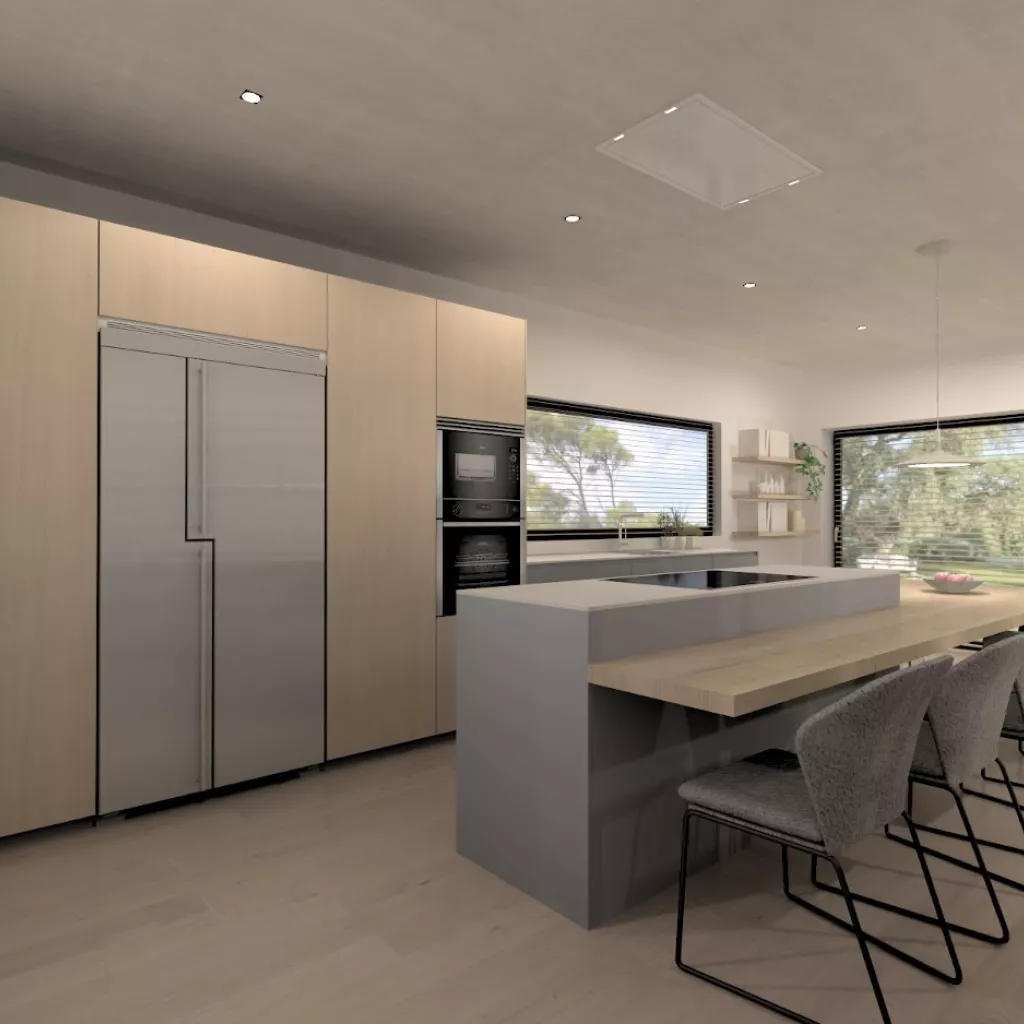 Cocina Santos gris y madera con isla central y mesado