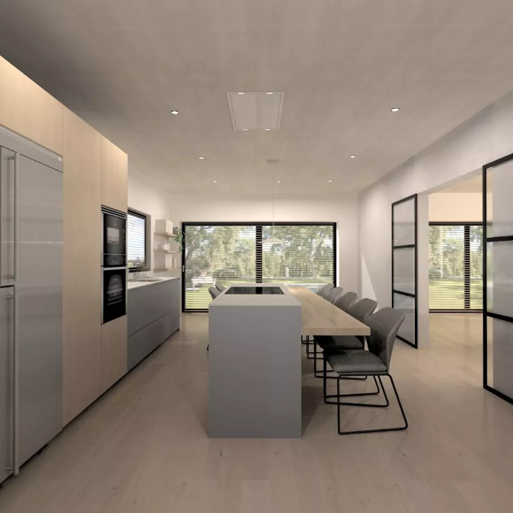 Cocina Santos gris y madera con isla central