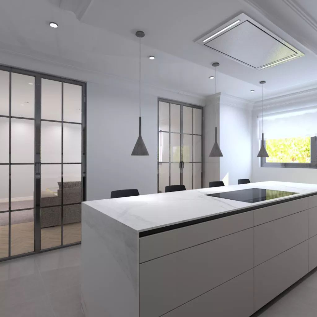 Cocina Santos gris y madera con isla y puertas de cristal