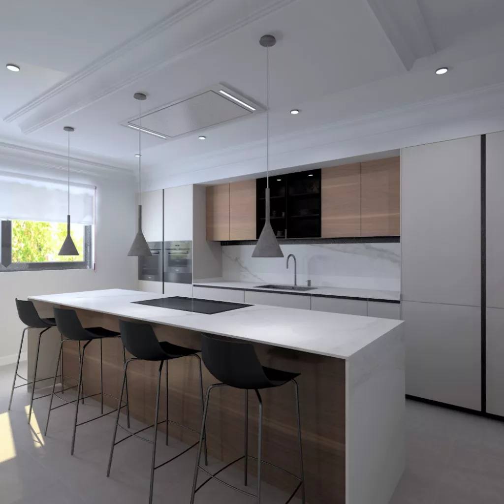 Cocina Santos gris y madera con isla