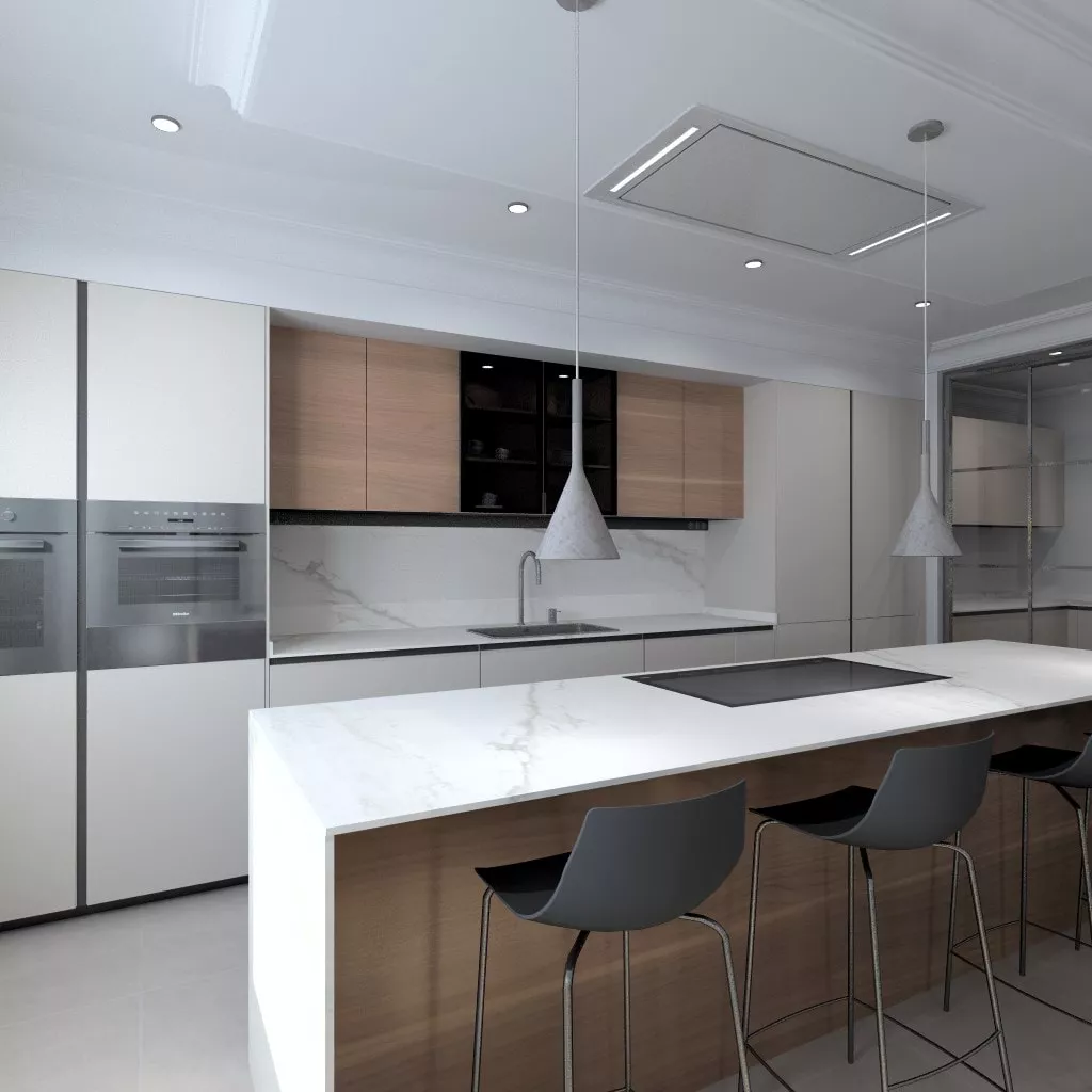 Cocina Santos gris y nogal con isla