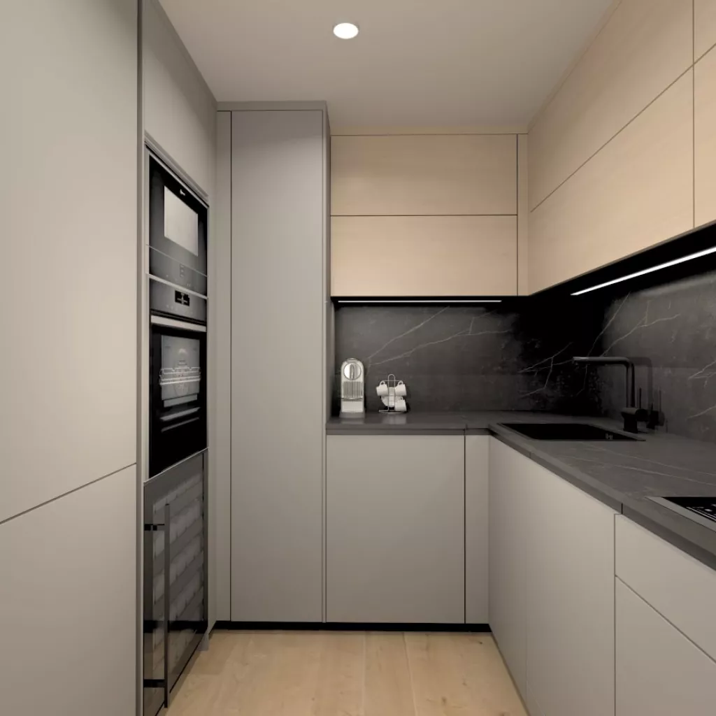 Cocina Santos gris y roble rústico con encimera de neolith abierta al salón