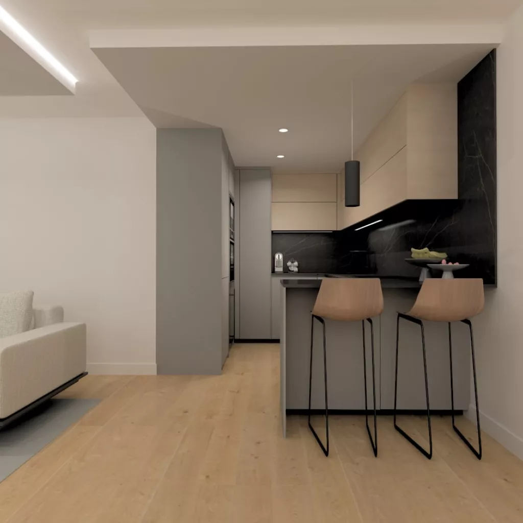 Cocina Santos gris y roble rústico con encimera de neolith abierta al salón