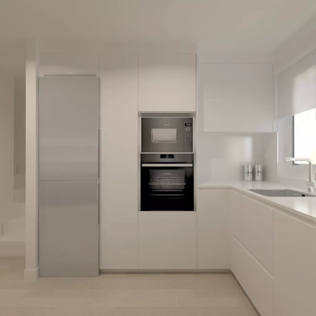 Cocina Santos gris y roble frente en forma L, frente columnas