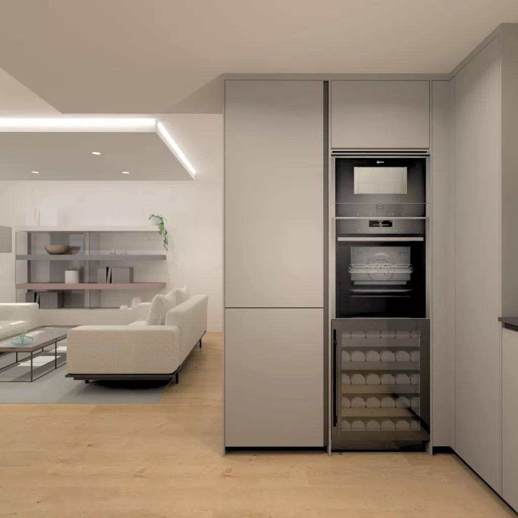 Cocina Santos gris y roble rústico con encimera de neolith abierta al salón