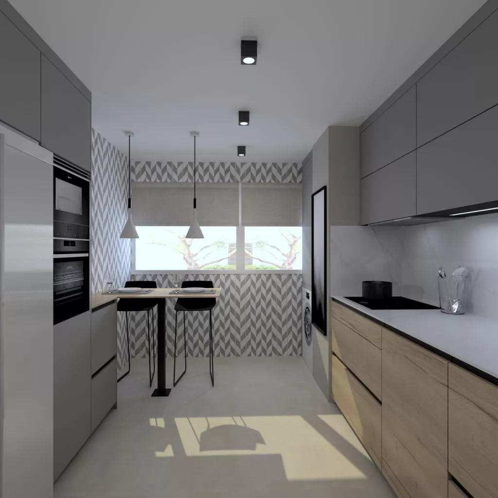 Cocina Santos Madera y Gris en Paralelo