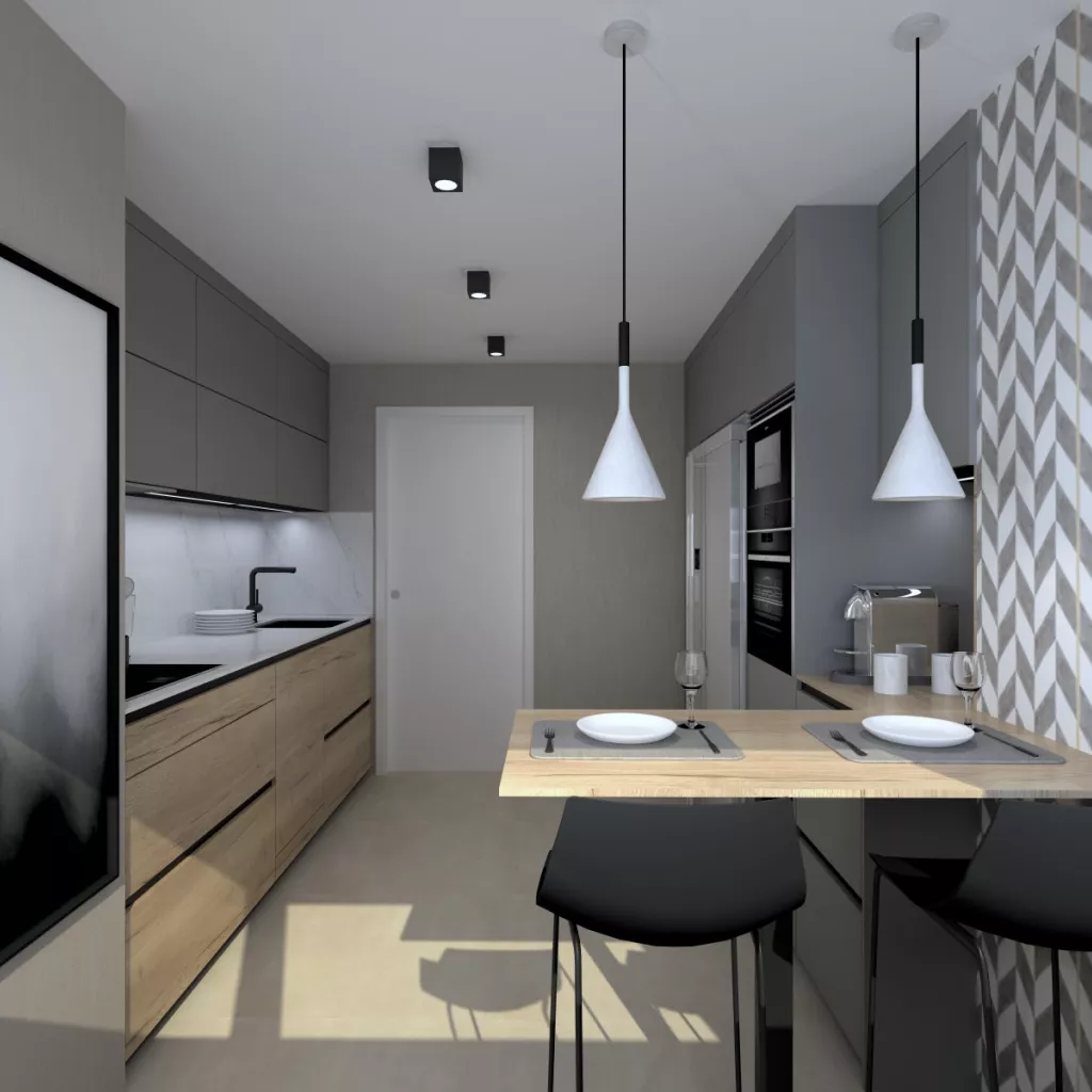 Cocina Santos Madera y Gris en Paralelo