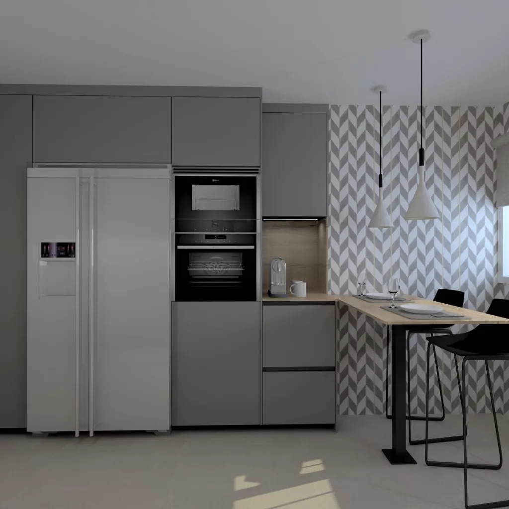 Cocina Santos Madera y Gris en Paralelo