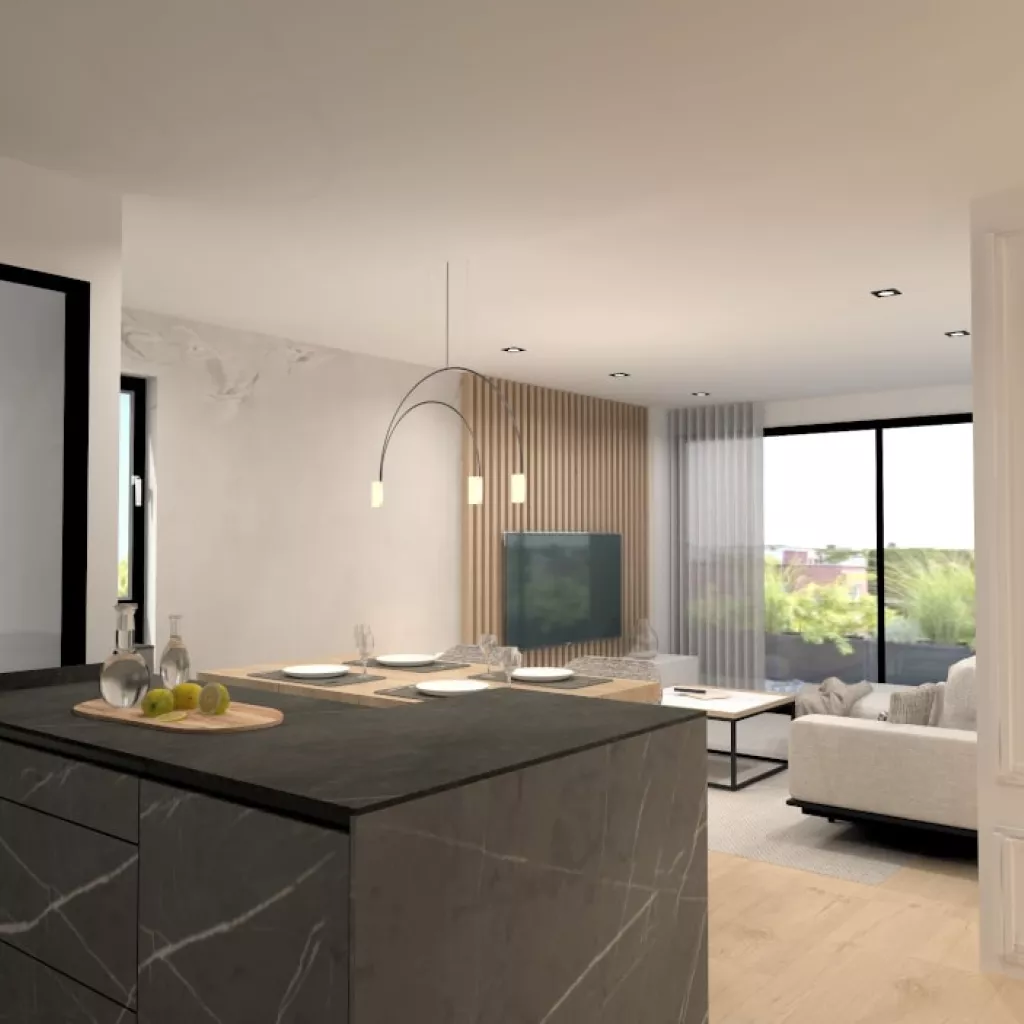 Cocina Santos mármol gris con isla abierta al salón