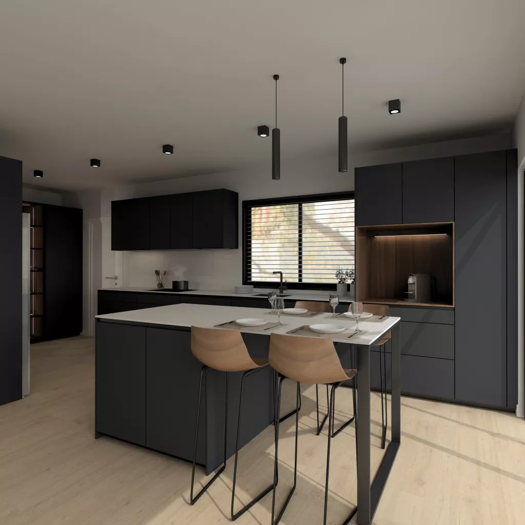 Cocina Santos negra abierta al salón con isla