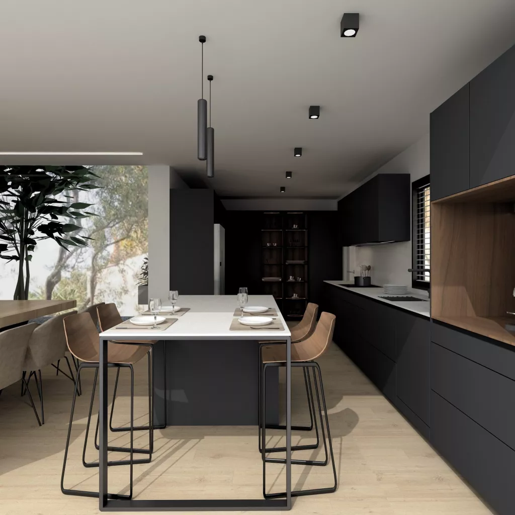 Cocina Santos negra abierta al salón con isla