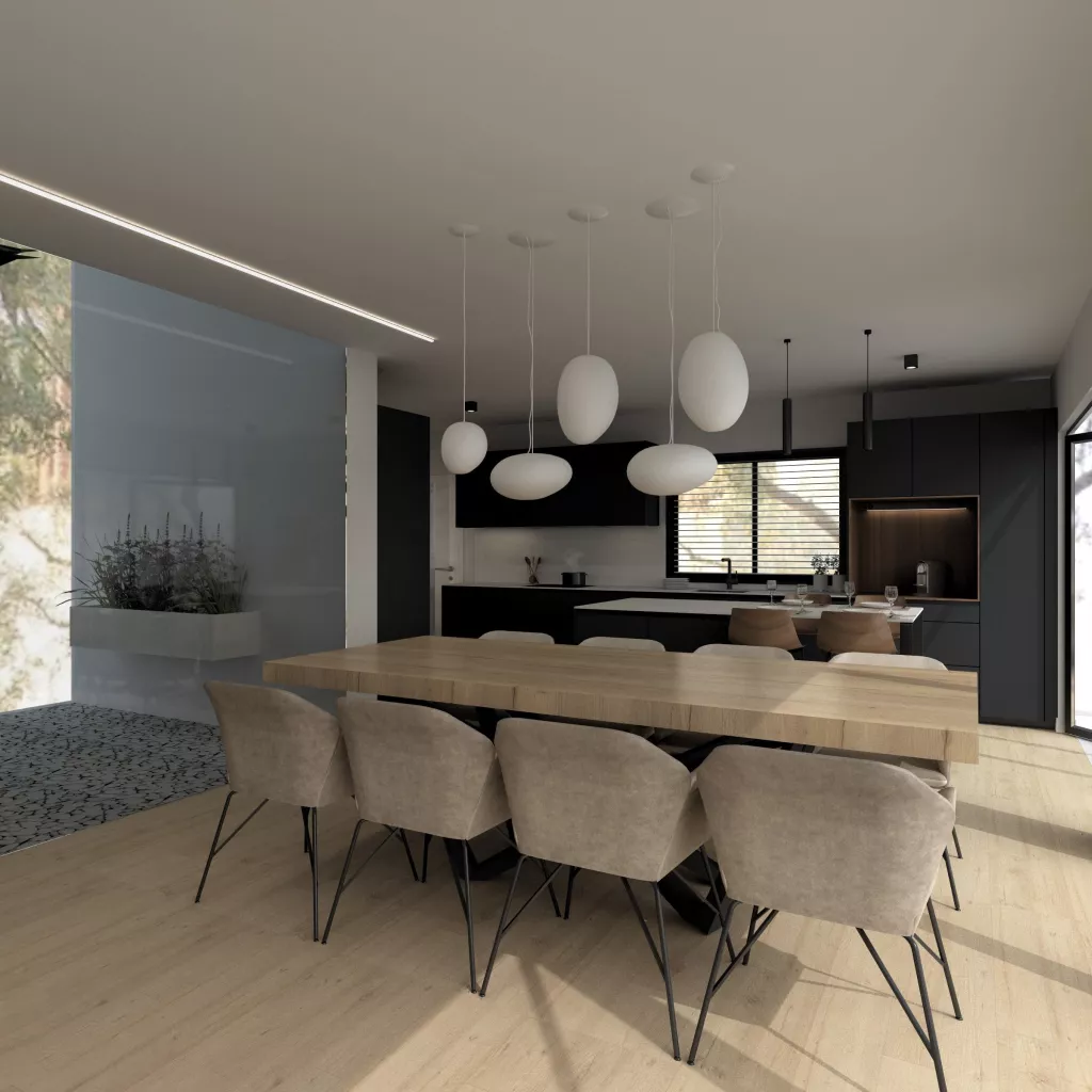 Cocina Santos negra abierta al salón con isla