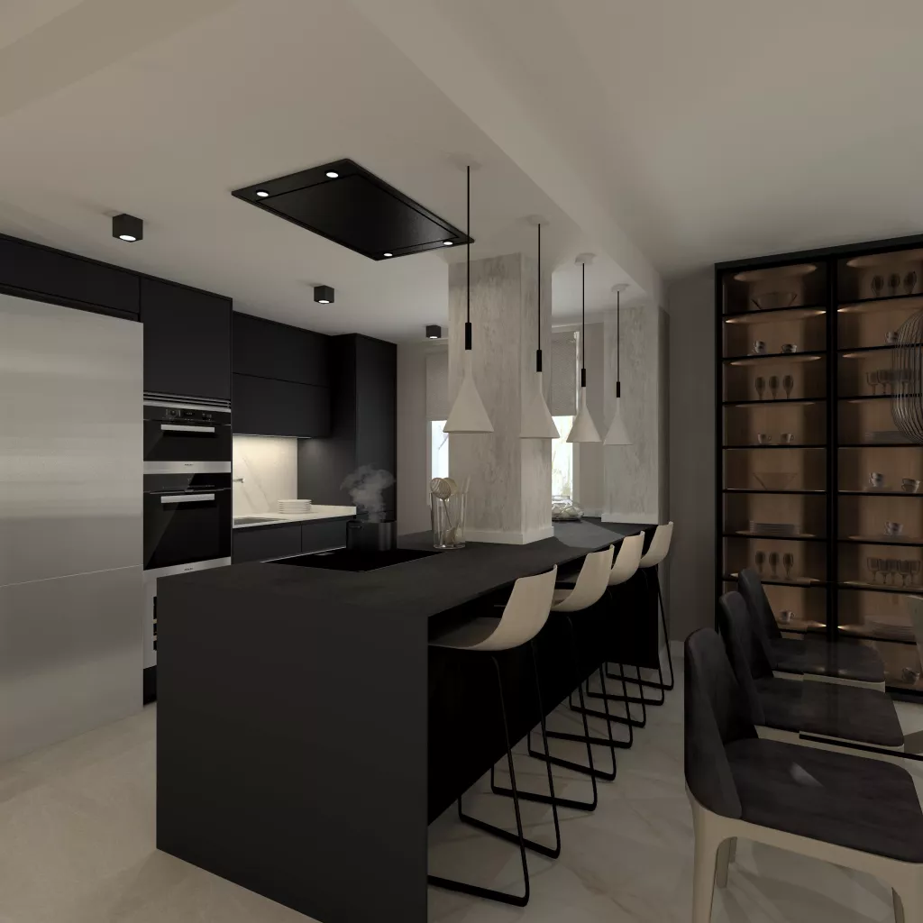 Cocina Santos Negra con Isla Abierta al Salón